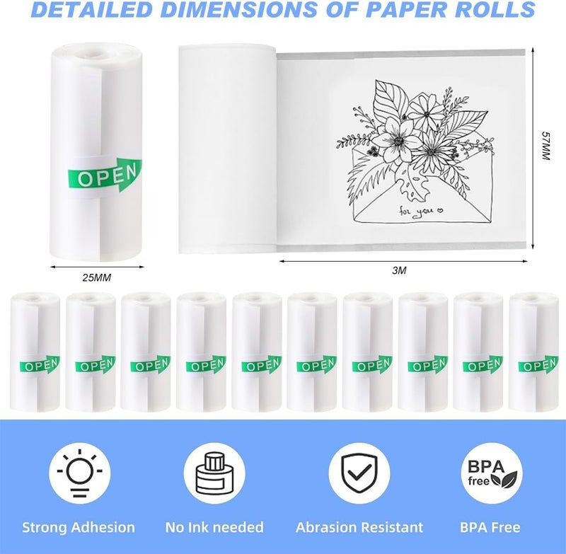 YSYONM Mini Printer Sticker Paper, 57mm x 3m, 10 Rolls, 3000 Sheets, White, Smooth, Recyclable - Image 2